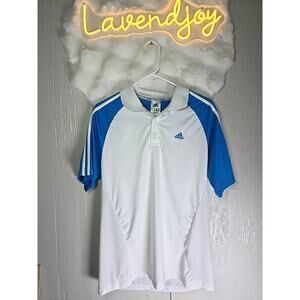 ADIDAS Polo Shirt Clima Lite Mens Medium White Blue Golf Soccer Business Casual